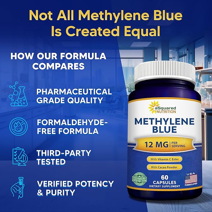 aSquared Nutrition Methylene Blue Capsules - Pharmaceutical Grade Supplement for Humans - 12mg Per Serving USP Grade - w/Vitamin C &amp Cacao Powder - Brain Focus Energy - Alt to Drops &amp Tablet