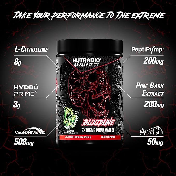 NutraBio Bloodline-Pump Pre Workout Pump Matrix- L-Citrulline Glycerol PeptiPump- NO Booster Extreme Vascularity &amp Blood FlowHydrationNon Stim PreWorkoutCaffeine Free-Phantom Gummy-20 Servin