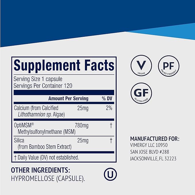 Vimergy MSM with Silica + Calcium Capsules 120 Servings – Supports Bone Health – Promotes Hair &amp Nail Health – Non-GMO Gluten-Free Kosher Soy-Free Corn-Free Vegan &amp Paleo Friendly
