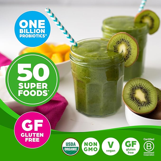 Orgain Organic Greens Powder + 50 Superfoods Original - 1 Billion Probiotics for Digestive Health Antioxidants Vegan Plant-Based Gluten-Free Non-GMO Green Juice &amp Smoothie Drink Mix - 0.62l