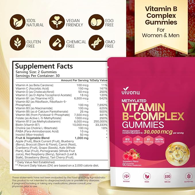 VivoNu Multivitamin Methylated Vitamin B Complex Gummies Vitamin B12 B6 B1 B2 B3 B5A C D E and Folate (1)