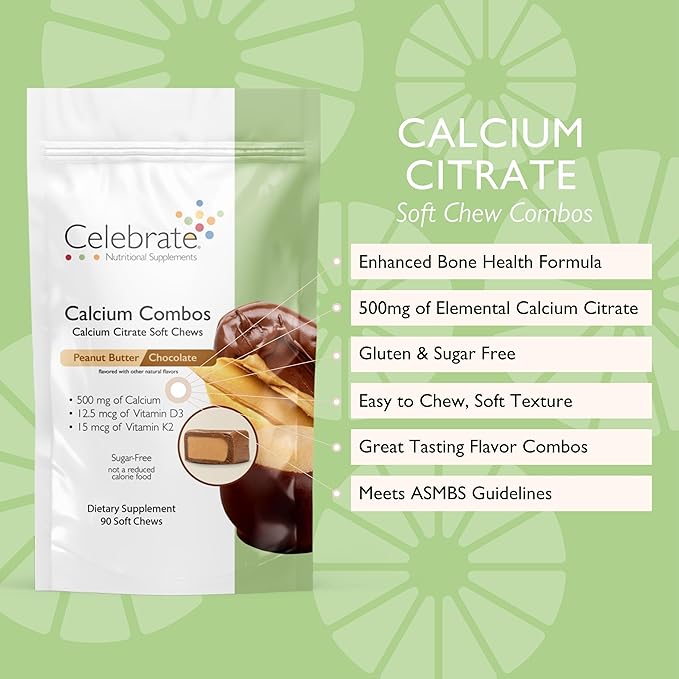 Celebrate Vitamins Bariatric 500mg Calcium Citrate Soft Chews Combo with 500 IU Vitamin D3 – Essential for Gastric Bypass Patients &amp Bone Health - Sugar &amp Gluten Free (90 Chews)