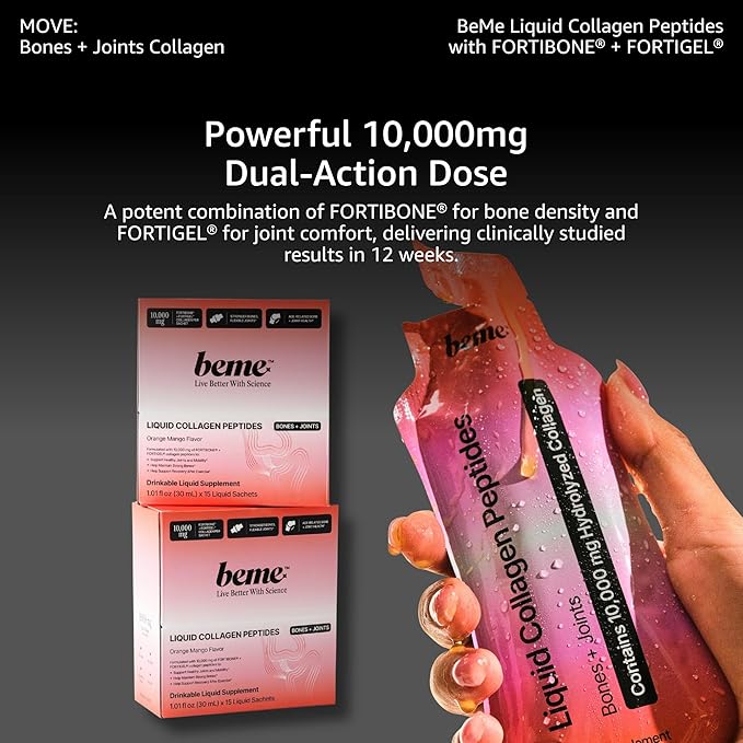 BeMe Bone &amp Joint Collagen Supplement — 10000mg FORTIBONE + FORTIGEL Hydrolyzed Collagen Peptides — Clinically Proven for Bone Density &amp Joint Mobility — Liquid Sachets Orange Mango 15 Coun