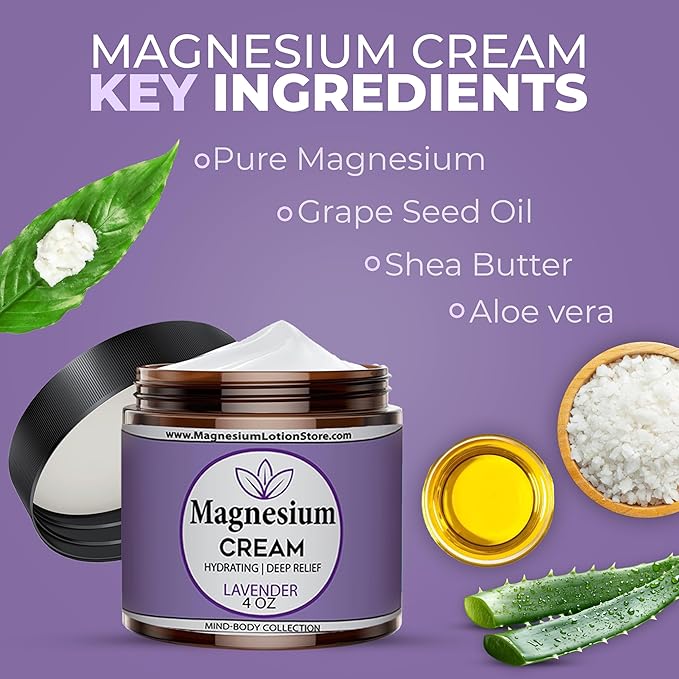 Magnesium Cream for Sleep Kids Muscle Soreness &amp Cramps Relief with Shea Butter Coconut Oil Aloe Vitamin E - Topical Magnesium Cream for Calm &amp Relaxation - Lavender - 4fl oz - USA Made