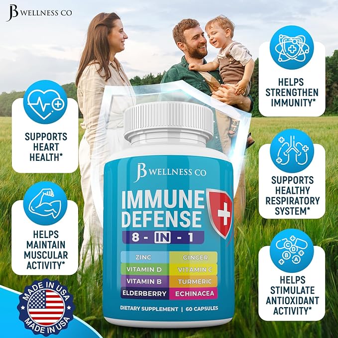 Immune Support 8 in 1 Capsules - Zinc Supplement Vitamin D3 Vitamin C and Elderberry - Immune Booster Supplement with Echinacea Ginger Root and Turmeric - [3-Pack 180 Count]