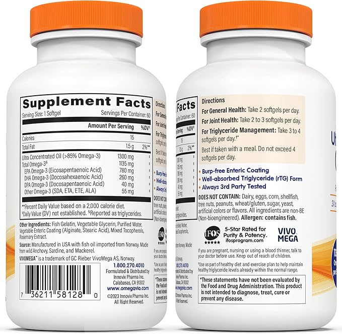 OmegaVia Ultra Concentrated Omega 3 Fish Oil Burpless 60 Softgels Triple Strength Omega 3 Fish Oil Supplements 1135 mg Pure Omega3 No Fishy Burps High EPA DHA DPA IFOS 5-Star