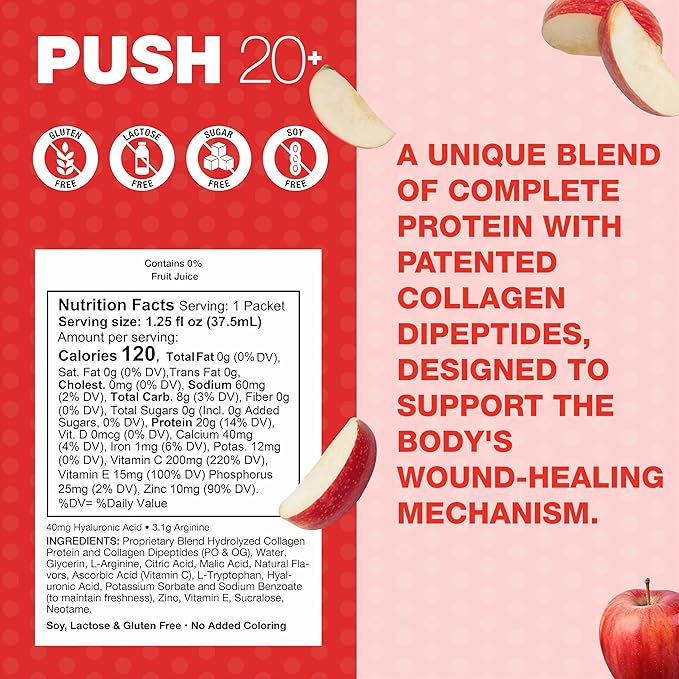 PUSH 20+ Advanced Collagen Blend Apple Flavor 20g Liquid Protein with Arginine Vitamin C E Zinc and Hyaluronic Acid Supports Wound Healing &amp Recovery Single-Serving 1.25 oz Packets Case of