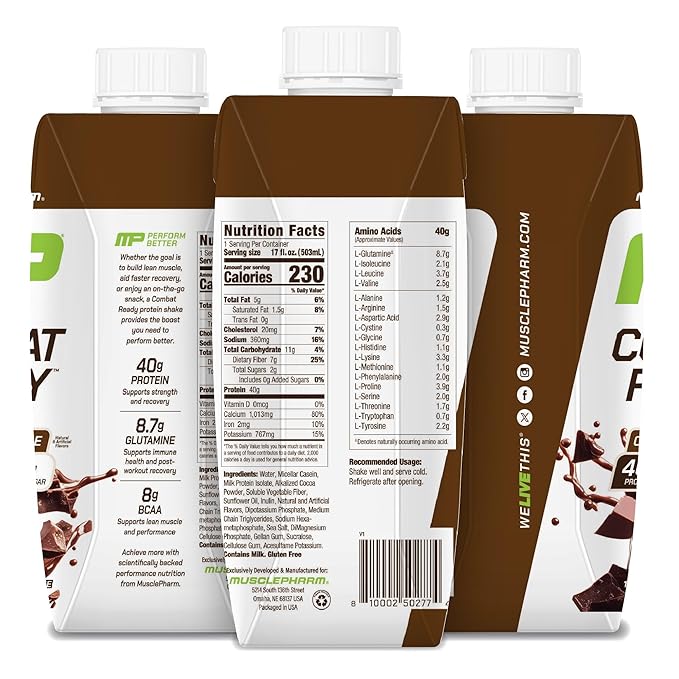 MusclePharm Combat Ready High Protein Shakes Ready to Drink 40g Protein 8g BCAAs 8.7g Glutamine 5g Fiber No Added Sugar Gluten Free Chocolate Fudge 17 Fl Oz (Pack of 12)