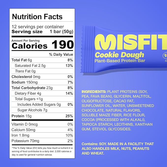 Misfits Vegan Protein Bars - Chewy Cookie Dough | Nutrition Bars - 15g Protein 1g Sugar Plant-based Low Carb Non-GMO Gluten Free Snacks | Pack of 12