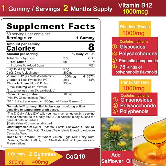 Sugar Free CoQ10 Gummies 200mg/400mg w/ Methyl B12 1000mcg B6 Rhodiola Rosea &amp Panax Ginseng Ultra Absorption CoQ10 Supplement for Energy Hear-t Health Antioxidant &amp Brain Support60-Day