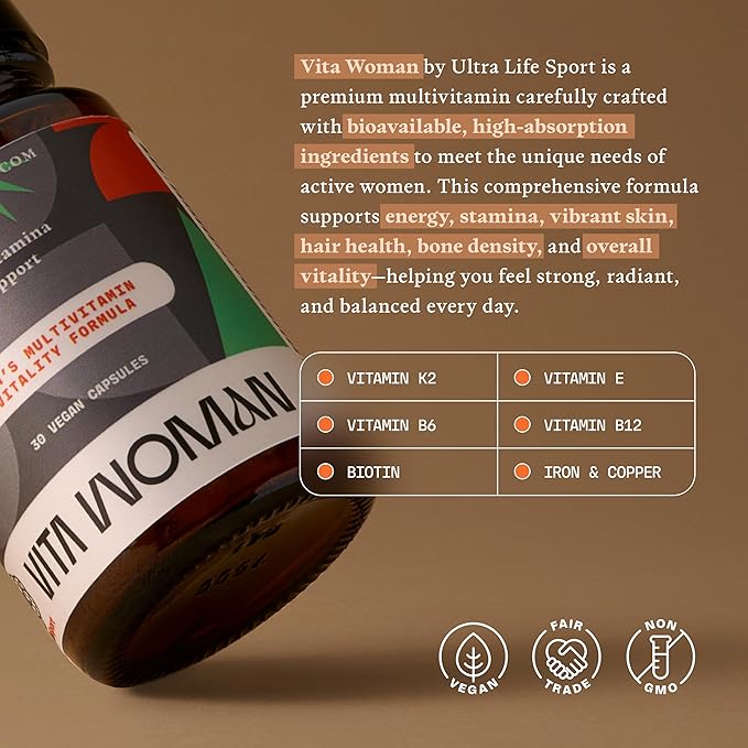 Ultra Life Sport - VITA Woman Premium Multivitamin for Women - 30 Capsule Daily Vitamins for Women with Vitamin E K2 MK-7 and B for Maximum Absorption - 100% Vegan Organic Non-GMO Gluten Free