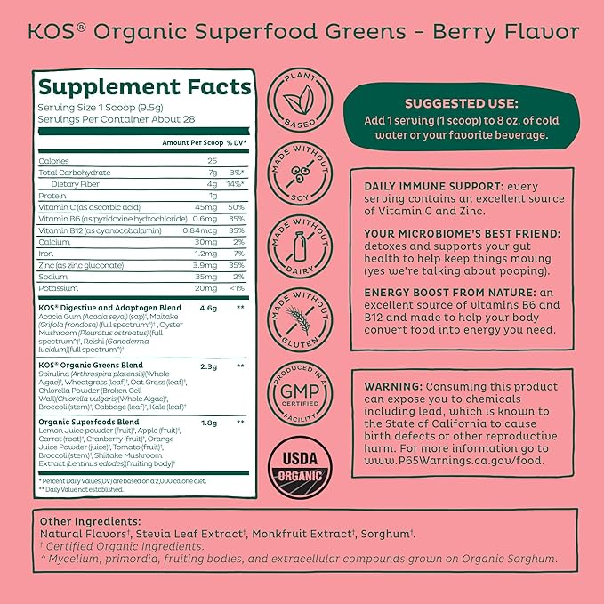 KOS Organic Superfood Greens Powder - Gut Health from Prebiotic Fiber Supergreens and Adaptogens - USDA Certified Organic Made in a GMP Certified Facility - 28 Servings Berry