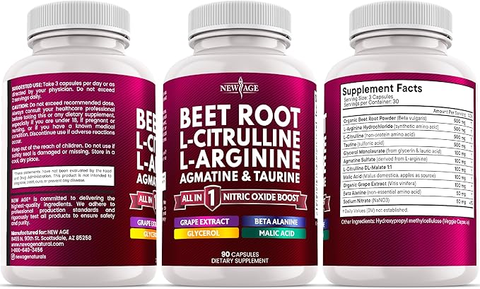 NEW AGE Beet Root Capsules - L Arginine L Citrulline Nitric Oxide Beetroot Powder Arginine Citrulline Supplement – 90 Vegan Capsules