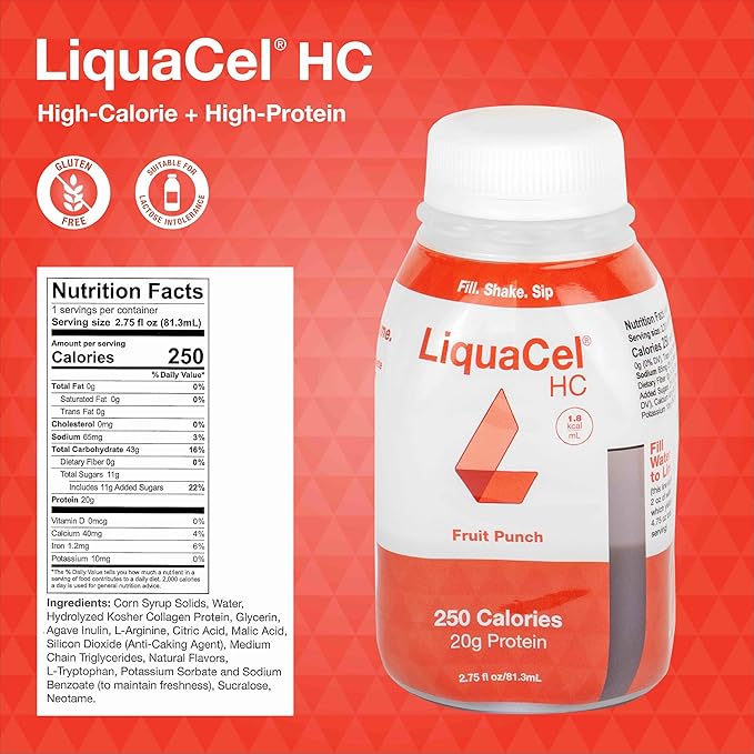 LiquaCel HC High-Calorie High-Protein Drink Fruit Punch Flavor 250 Calories &amp 20g Protein per Serving Gluten Free Kosher Suitable for Lactose Intolerance 2.75 fl oz Bottle 30ct Case