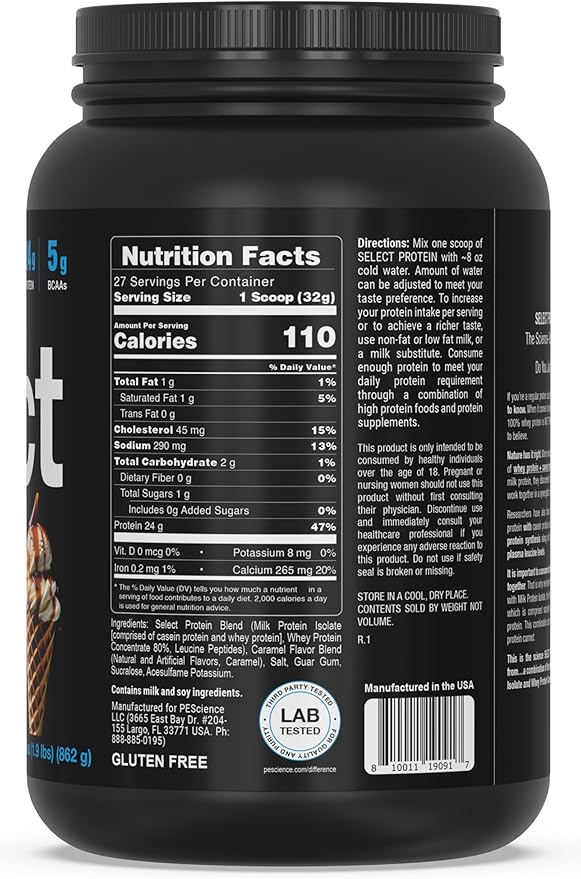 PEScience Select Protein Powder Whey and Casein Blend Clean Protein Powder for Women and Men Low Calorie Low Carb Keto Friendly Gluten Free Caramel Waffle Cone 27 Servings