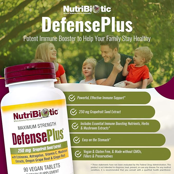 NutriBiotic – DefensePlus 90 Tablets - 11 in 1 Immune Support with Vitamin C Zinc Grapefruit Seed Extract Echinacea Astragalus Root &amp Immune Boosting Extracts &amp Mushrooms - Vegan &amp Gl