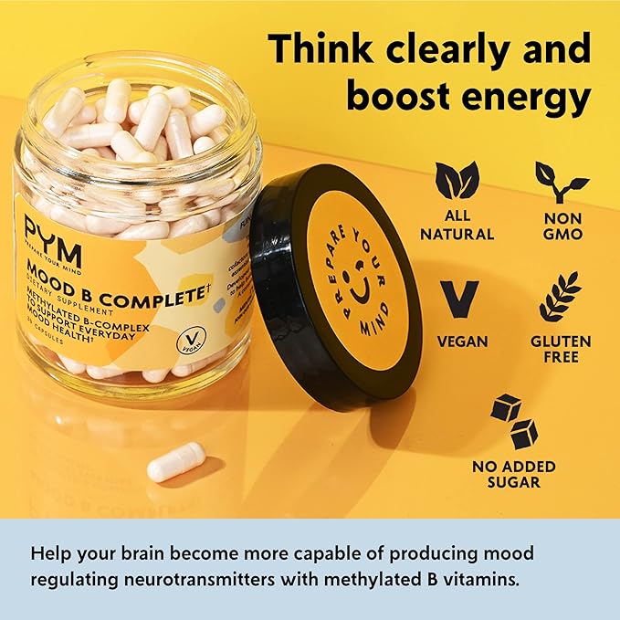 Vitamin B Complex Mood Support Supplement by PYM (30 Count) | Methylated B Complex for Everyday Mood &amp Energy Support | Non-GMO Vegan Gluten-Free