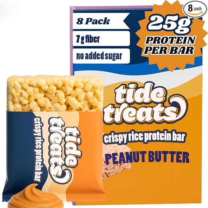 Crispy Rice Protein Treat Peanut Butter Bar | 25 g Protein No Added Sugar 7 g Fiber Gluten Free | High Protein Snack for On-the-Go Post-Workout or Dessert Cravings | 8 Count | TideTreats