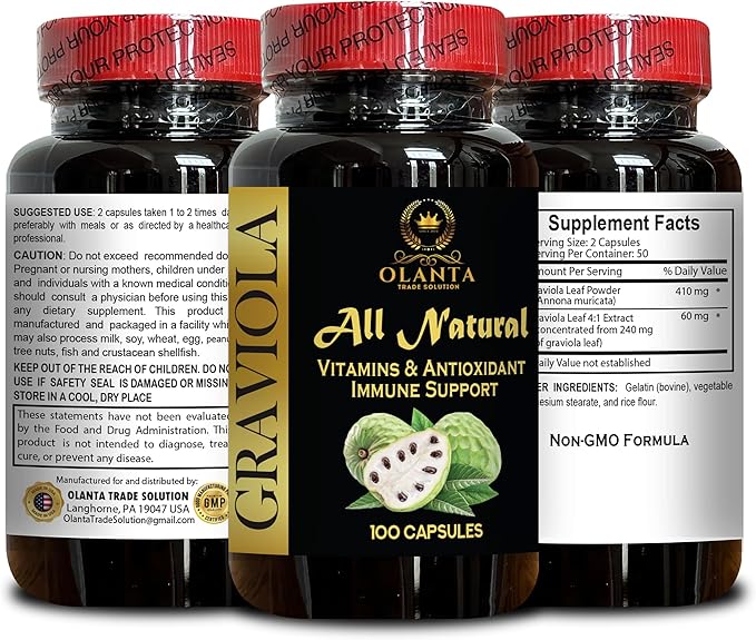 Soursop Graviola Extract Capsules - GMP-Certified Supplements - Pure &amp Natural Herbal Formula - Non-GMO Gluten-Free - Digestion Support - 1 Bottle 100 Capsules