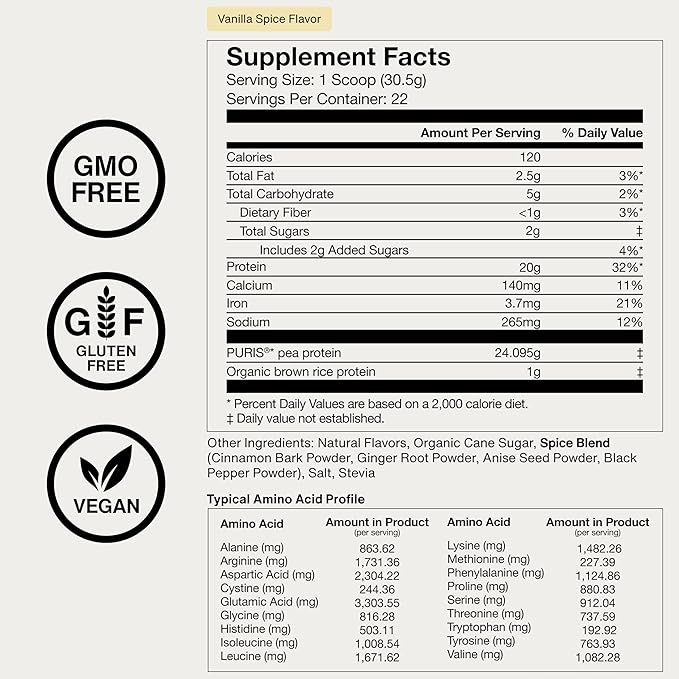 Momentous Vegan Protein Powder - 20 g Plant-Based Protein - NSF Certified for Sport - Gluten-Free - Non-GMO - 22 Servings for Essential Everyday Use - Vanilla Spice