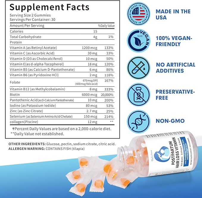 Postpartum Hair Loss Vitamin Vegan Gummies with Biotin Collagen &amp Folate Postpartum Hair Loss Products for Less Shedding Thicker Hair Stronger Hair Breastfeeding-Friendly 60 Gummies