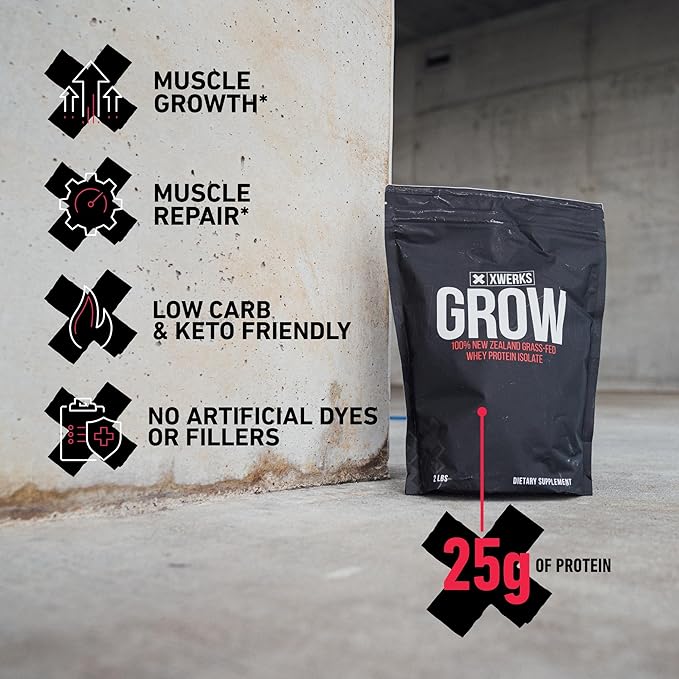 Xwerks Grow Whey Protein Powder 25g Pure Isolate Protein from New Zealand Grass Fed Cows Builds Strength and Speeds Recovery Paleo and Keto Friendly Soy and Gluten Free Vanilla 30 Servings
