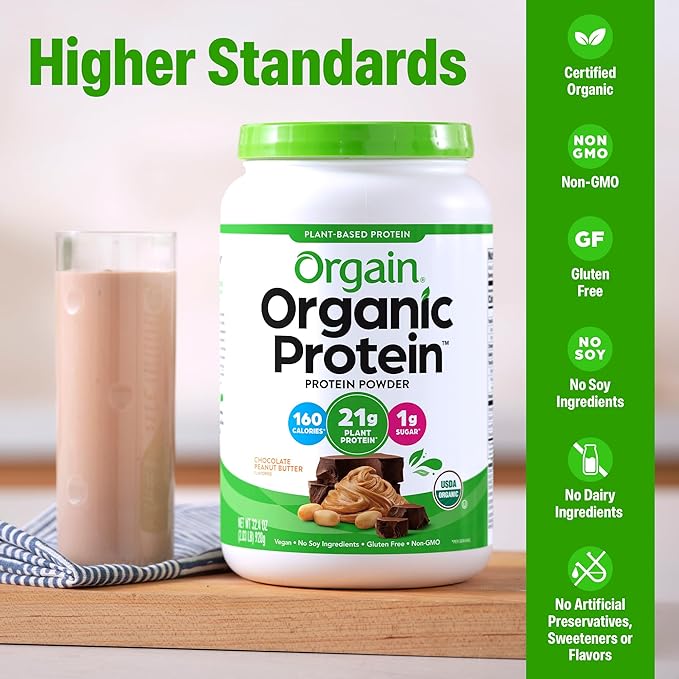Orgain Organic Vegan Protein Powder Chocolate Peanut Butter - 21g Plant Protein 6g Prebiotic Fiber Low Net Carb No Lactose Ingredients No Added Sugar Non-GMO For Shakes &amp Smoothies 2.03 lb