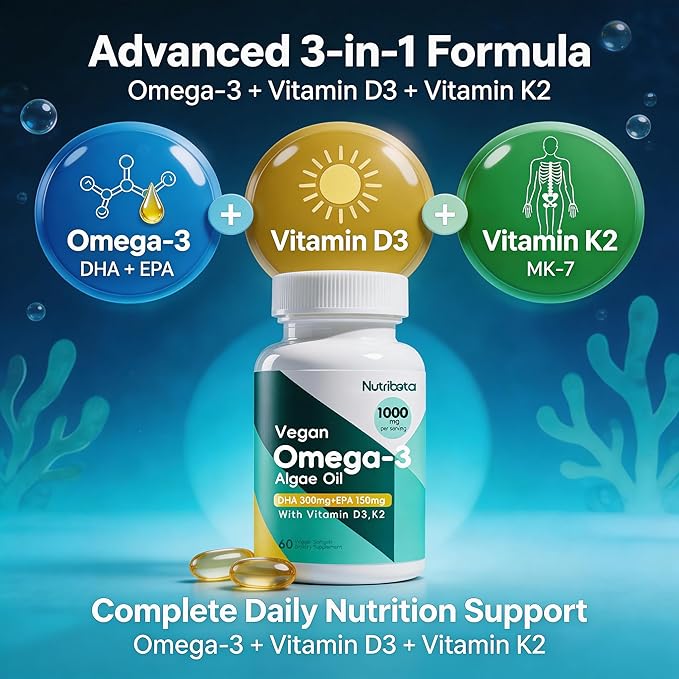 Vegan Omega-3 Algae Oil Supplement with DHA 300mg &amp EPA 150mg Plant-Based Omega-3 with Vitamin D3 &amp K2 Fish-Free Algal Oil Softgels for Men &amp Women 60 Softgels 30 Day Supply