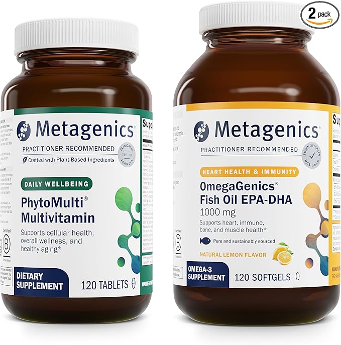Metagenics Essential Wellness Duo: OmegaGenics EPA-DHA 10000 &amp PhytoMulti Without Iron - Daily Multivitamin for Overall Health &amp Aging - 60 Tablets