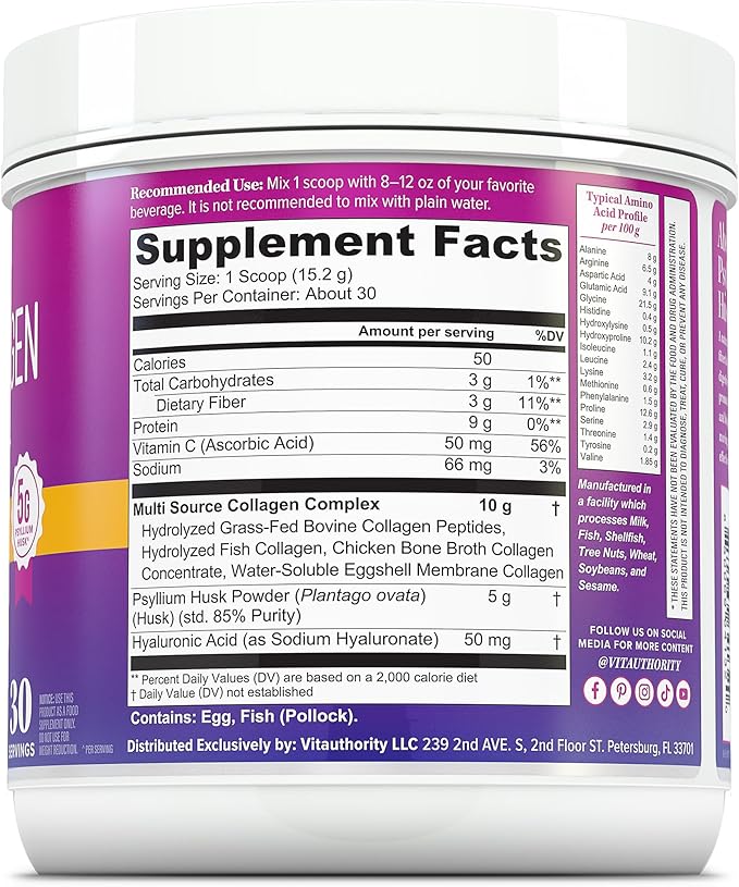Vitauthority Multi Collagen Protein Powder + Fiber Supplement Collagen Types I II III V &amp X | Hair Skin Nail &amp Digestive Support | Vitamin C &amp Hyaluronic Acid Unflavored 30 Servings