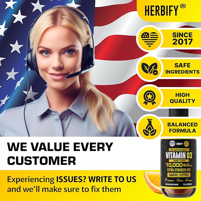 HERBIFY Vitamin D3 10000 IU - Made in USA Liquid Vitamin D Drops - Bone Strength and Immune Support Supplement - Sunshine Replacement - D3 Vitamin Bone and Teeth Supplement - 30 Days Supply - 2 Oz
