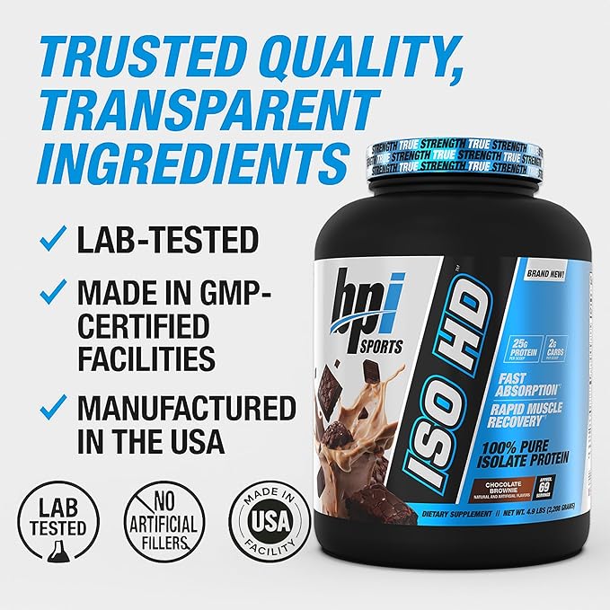 BPI Sports ISO HD Isolate Protein Powder – 100% Whey Isolate Protein Powder for Muscle Gain - Chocolate Brownie 5.4 Pounds - 69 Servings