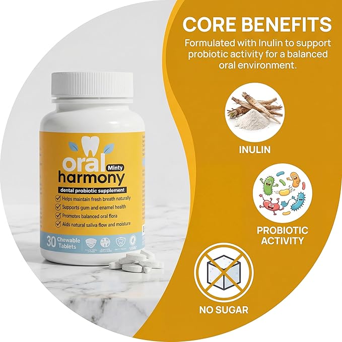 Oral Harmony Oral Probiotic Chewable Tablets – Sugar-Free Mint Flavor with Prebiotic Inulin – Daily Oral Microbiome &amp Fresh Breath Support – Chewable Oral Care Tablets – 30 Tablets