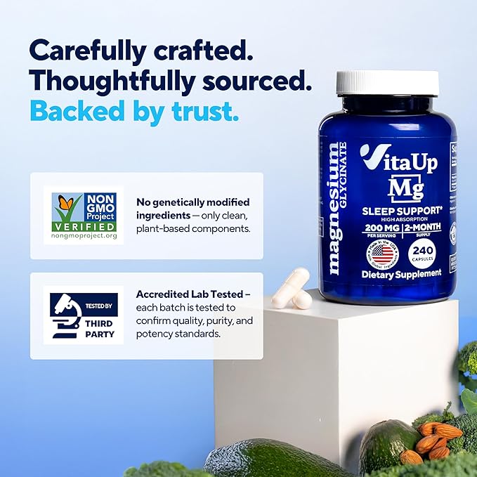 Magnesium Glycinate 200mg - USA Made Highly Absorbed Non-GMO Magnesium for Relaxation Deep Sleep Bones &amp Heart - 200mg per Serving 120 Vegan Capsules