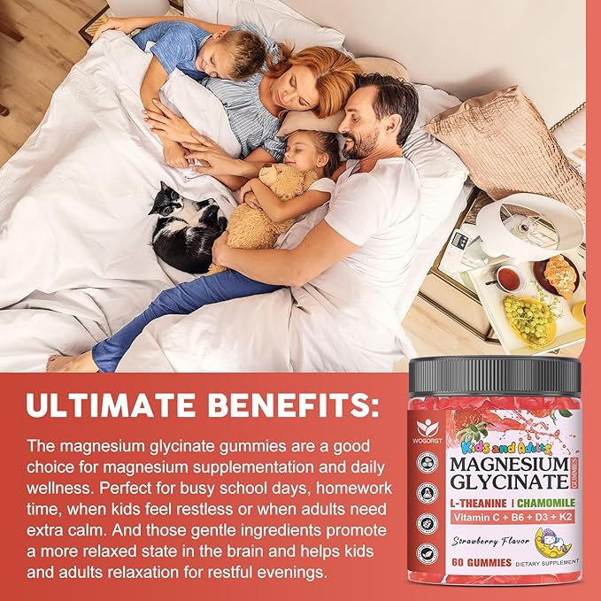 Magnesium Glycinate Gummies for Kids &amp Adults - Relaxation &amp Cognition Support - 400/200mg Magnesium Supplement with L-Theanine B6 D3 &amp K2 - Vegan Sugar Free Strawberry Flavor 60 Ct (