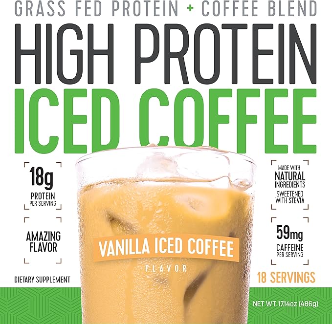 Iced Coffee High Protein Coffee Keto Friendly 18g of Protein 2g Carbs Natural Ingredients (18 Servings Vanilla Latte)
