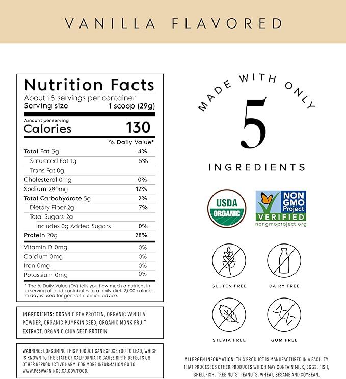 Truvani Organic Plant Based Protein Powder | Vanilla | 20g Pea Protein | 18 Servings | Vegan &amp Keto | Gluten &amp Dairy Free | Low Carb | No Added Sugar