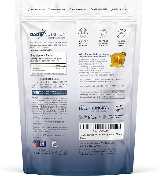 Gade Nutrition Pure Magnesium Citrate Powder | Non-GMO Gluten-Free Filler Free Highly Absorbable | USA Made