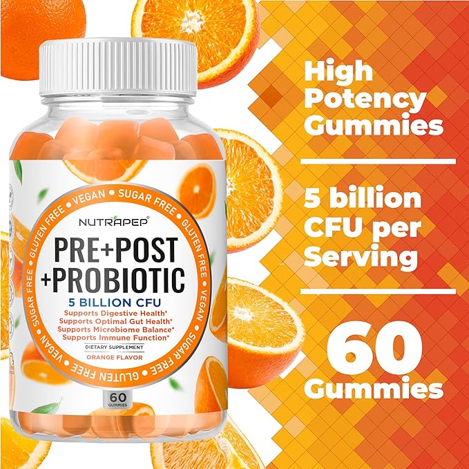 Prebiotic Probiotic &amp Postbiotic Gummies for Women Men &amp Kids Children - High Potency 5 Billion CFU - Sugar-Free &amp Gluten 60 Count (Pack of 2)