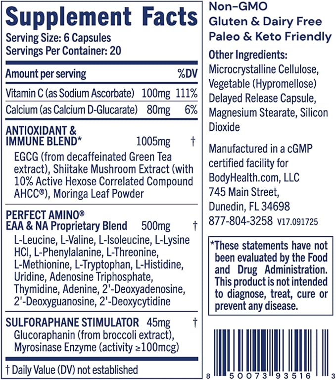 BodyHealth Cellular Guard - 100mg Vitamin C 80mg Calcium | Sulforaphane Activation &amp Antioxidant Support | Promotes Cellular Health Immune Resilience &amp Detox Pathways - 120 Capsules
