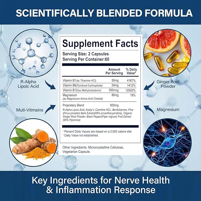Sciatic Nerve Health Support Supplement 120 Capsules Advanced Nerve Support Capsules with R-ALA Benfotiamine &amp Vitamin B Complex Supports Back Leg &amp Glute Comfort Vegan Non-GMO