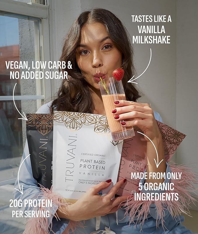 Truvani Vegan Pea Protein Powder | Vanilla | 20g Organic Plant Based Protein | 20 Servings | Keto | Gluten &amp Dairy Free | Low Carb | No Added Sugar