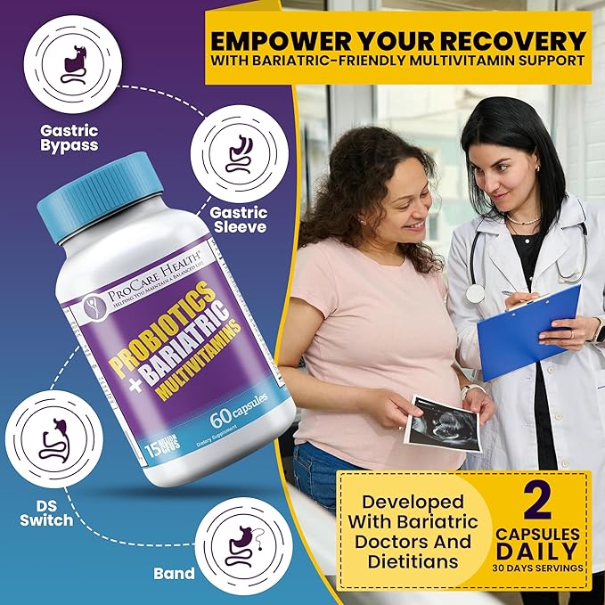 ProCare Health Probiotic Bariatric Multivitamin with Iron 45mg (60 Count) - 15 Billion CFU Bariatric Probiotic Fast Dissolving Veggie Capsules to Support Gut and Immune Health in Bariatric Patients