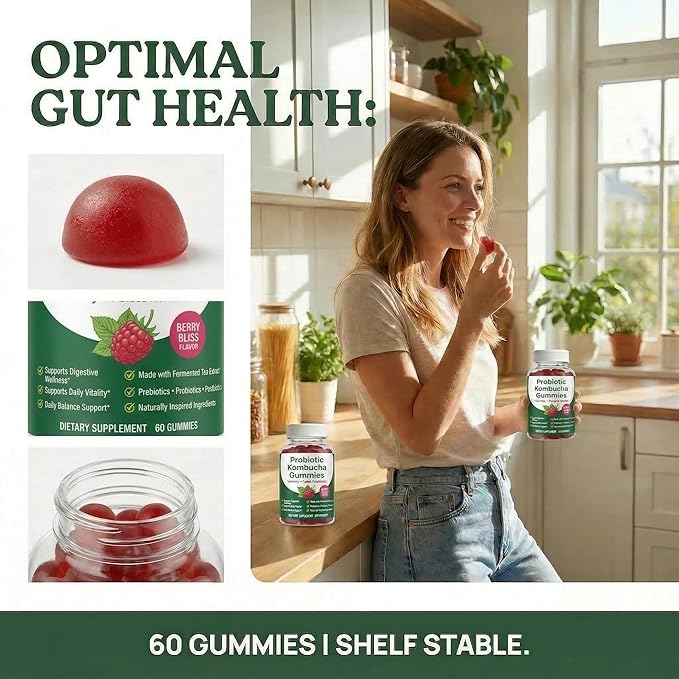 Kombucha Probiotic Gummies with Prebiotics &amp Postbiotics for On-the-Go Gut Balance Kombucha Inspired Digestive Support Berry Flavor 60 Gummies