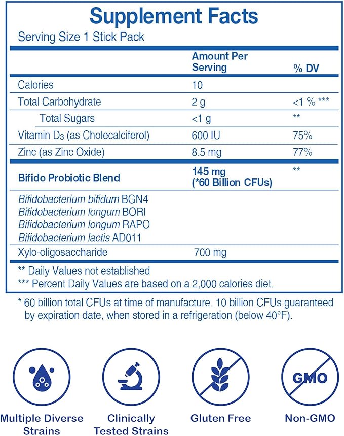 Bifimax 10 Billion Probiotic XOS - Premium Synbiotic Supplement with Human-Derived Bifidus Bacteria &amp XOS Advanced Syn-B MAX Technology for Gut Health (2.1 oz 30 Sticks)