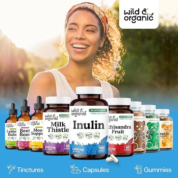 Wild &amp Organic Inulin Capsules 1400 mg - Digestive &amp Gut Support - Chicory Root Inulin Fiber Supplement - Prebiotic Fiber Derived from Chicory Powder - Vegan No Fillers Non-GMO - 180 Count