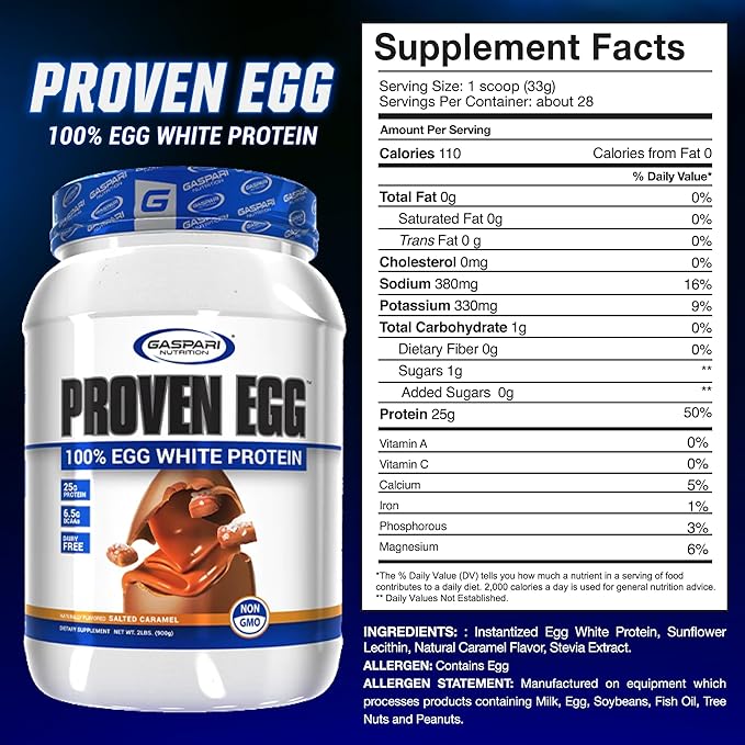 Gaspari Nutrition Proven Egg 100% Egg White Protein 25g Protein Keto Friendly Dairy and Lactose Free Soy Free (2 lbs Salted Caramel)