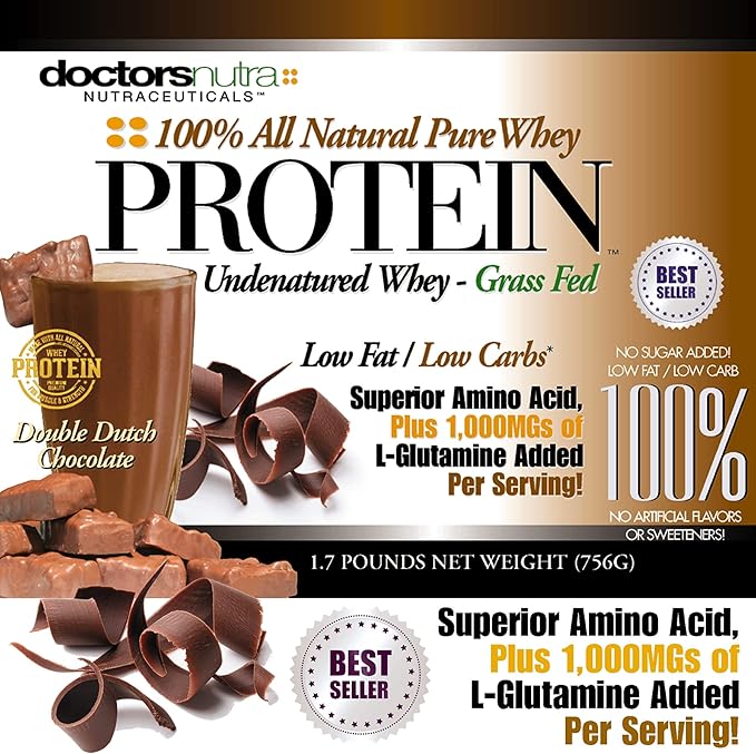 Pure Grass Fed Whey Protein Double Dutch Chocolate Flavor - Ultrafiltered Low Carb No Artificial Sweeteners or Flavors with BCAAs and 1000 mg L-Glutamine - 1.7 Pounds