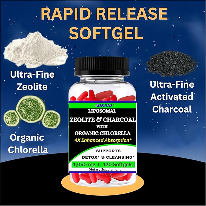 Nikoni Liposomal Zeolite Activated Charcoal &amp Organic Chlorella Supports Full Body Detox (480 Softgels)