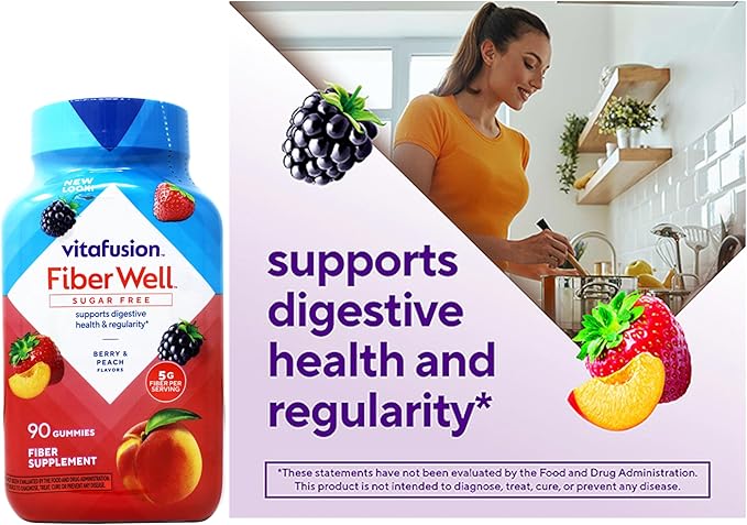 Vitafusion Fiber Well Sugar Free Gummies Dietary Supplement Peach/Strawberry/Berry 90 Ct (6 Pack) (Bundle)